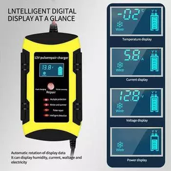 Полностью автоматическое автомобильное зарядное устройство 12 В, 6 А, от 110 В до 220 В, быстрая импульсная зарядка для влажной и сухой свинцово-кислотной кислоты с цифровым ЖК-дисплеем чёрный
