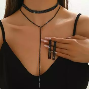 Полностью бриллиантовая многослойная шейная цепочка, простое длинное ожерелье с бахромой, серьги, цепочка для ключицы