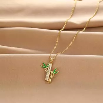 Полностью бриллиантовое бамбуковое ожерелье Женское Свежее Ретро Универсальное Темперамент Подвеска в виде зеленого листа Уличная съемка Те же украшения