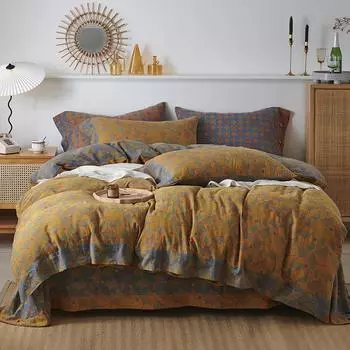 Полностью хлопковая хлопчатобумажная двухслойная пряжа класса А, комплект из четырех предметов, летнее стеганое одеяло, простыня на подкладке, простые свадебные постельные принадлежности для четырех сезонов, сон голым 1.8m