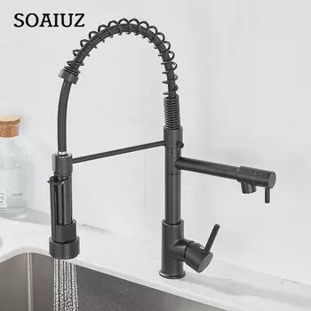 Полностью медный никель матовый двухфункциональный кухонный смеситель с пружиной для горячей и холодной воды, вращающийся черный выдвижной кран