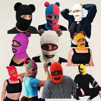Полностью ручная вязка, однотонная маска для лица с кошачьими ушками, капюшон и шапочка в одном