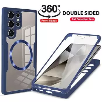 Полностью защищенный на 360° двухсторонний чехол для телефона Samsung iPhone с магнитным чехлом для беспроводной зарядки Magsafe Samsung S24 Ultra чёрный