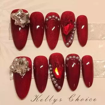 Полные ручная работа, миндалевидные ногти, вишнево-красные драгоценные камни, кошачий глаз, жемчуг, многоразовые ногти для фототерапии XS