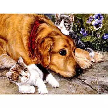 Полный 5D Diy Алмазная картина Мультфильм животных Собака и кошка Вышивка крестом Домашний декор Ручная работа 25x30cm
