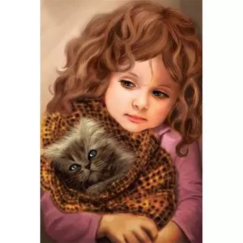 Полный 5D Diy Алмазная картина Маленькая девочка обнимает кота Вышивка крестиком Домашний декор Ручная работа 25x30cm