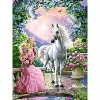 Полный 5D Diy Алмазная картина Мультфильм девушка и лошадь Вышивка Крестом Домашний декор Ручная работа 25x30cm