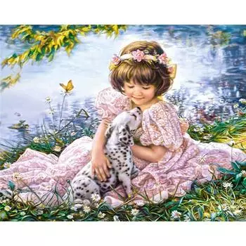 Полный 5D Diy Алмазная картина Мультфильм Маленькая девочка и собака Вышивка крестиком Домашний декор Ручная работа 25x30cm