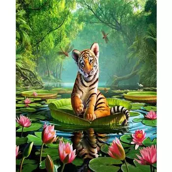 Полный 5D Diy Алмазная картина Тигр и Лотос Вышивка Крестом Домашний Декор Ручной Подарок 25x30cm