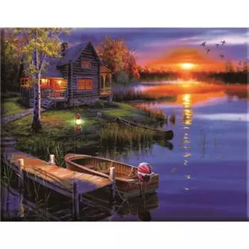 Полный 5D Diy Алмазная картина Закат Река Лодка Вышивка Крестом Домашний Декор Ручной Подарок 25x30cm
