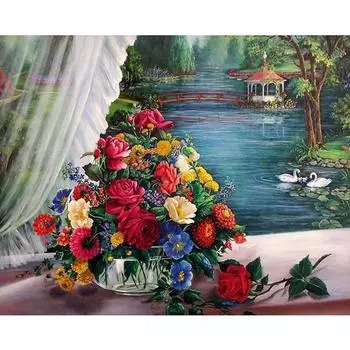 Полный 5D Diy алмазная живопись цветы у окна Алмазная вышивка полная вышивка крестиком домашний декор подарок ручной работы 20x30cm