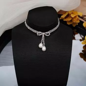 Полный бриллиант, маленький бант, жемчужная цепочка на шею, чокер, сетка, красное ожерелье, цепочка на шею, простая модная цепочка на шею, классическая цепочка на шею