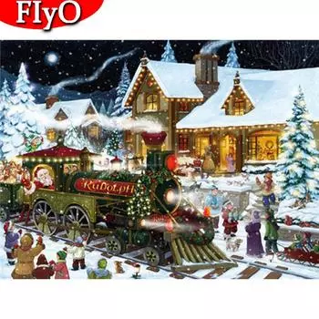 Полный дрель Алмазная картина Дом Алмазная вышивка Зимняя вышивка крестиком Поезд Мозаика Пейзаж Ручная работа Рождественский подарок Full Round (20X30CM)