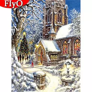 Полный дрель Алмазная картина Дом Алмазная вышивка Зимний пейзаж Мозаика Рождественские украшения Настенное искусство Full Round (20X30CM)