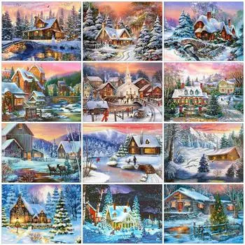 Полный дрель Алмазная мозаика Дом 5D Алмазная вышивка Картина Пейзаж Зима Персонализированный подарок Рождественское украшение Full Round 20x25CM