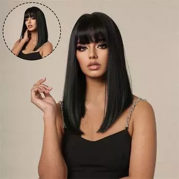 Полный головной убор, модный воздушный парик, женский летний парик с челкой, черные длинные волосы, натуральные прямые средней длины 40cm