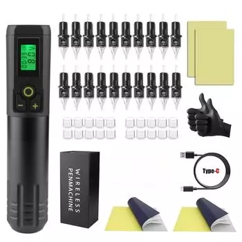 Полный комплект беспроводной тату-машинки со светодиодной батареей для татуировки емкостью 2000 мАч, 20 шт., картриджные иглы для боди-арта, набор для перманентного макияжа чёрный