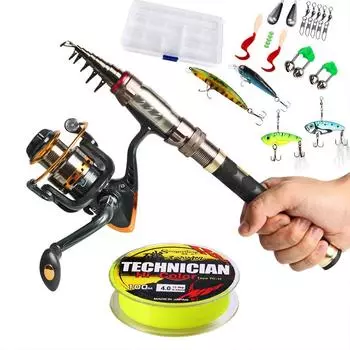 Полный комплект для рыбалки с мини-спиннинговой удочкой, катушкой, леской, приманками, аксессуарами 1.5m rod &2000 reel