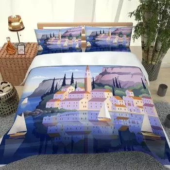 Полный комплект двуспальной кровати с мультяшной архитектурой, пододеяльник с 3D-принтом, покрывало для односпальной двуспальной кровати размера «king-size» W90xL190cm