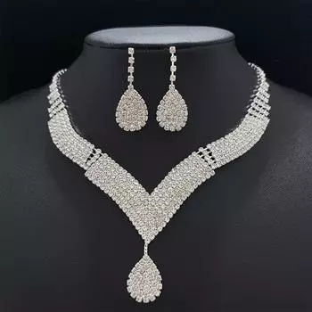 Полный комплект серег и ожерелья со стразами и каплями воды с бриллиантами, роскошный и изысканный, простой и универсальный набор из 2 предметов для невесты белый