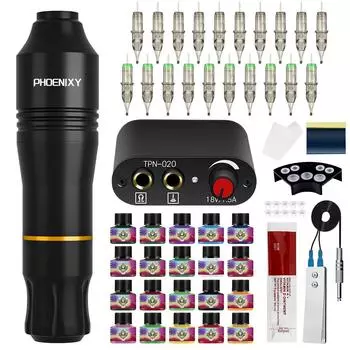 Полный комплект тату-машины PHOENIXY с тату-картриджем, профессиональный набор для тату, вращающаяся ручка для татуировки, комплект с блоком питания set 01