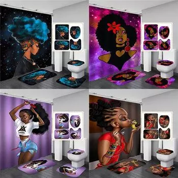 Полный комплект занавесок для ванной комнаты, 4 шт., элегантные африканские черные женские крючки для занавесок для душа, современный коврик для ванной, крышка для унитаза, противоскользящие коврики для ванной 4PCS Full Set