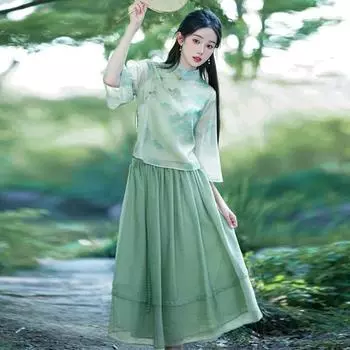 Полный комплект женского костюма в китайском стиле с модифицированным топом и юбкой ханьфу из двух частей 2XL зелёный