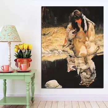Полный круглый 5D DIY Алмазная вышивка Красота и волк Алмазная картина Вышивка крестом Горный хрусталь 20X30CM