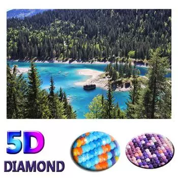 Полный круглый алмаз 5D Алмазная картина Лес и озеро Дрель Вышивка Крестом 20X30CM