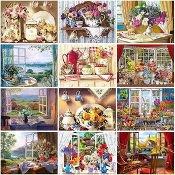 Полный круглый алмаз живопись цветы ваза картина стразы бисер вышивка оконный пейзаж Алмазная мозаика украшение дома Full Round 20x30CM