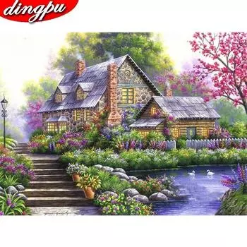 Полный круглый Алмазная картина Пейзаж 5D Алмазная вышивка Дом Домашнее украшение 20X30CM