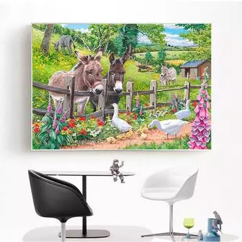Полный круглый бриллиант 5D DIY Алмазная вышивка Лошадь и утка Алмазная картина Вышивка крестом Горный хрусталь 20X30CM