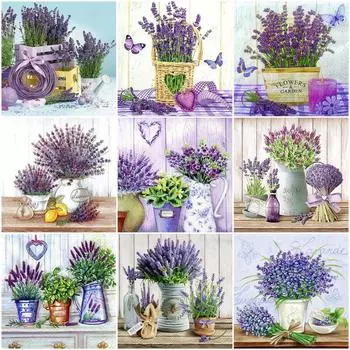 Полный круглый дрель 5D Diy Алмазная картина Фиолетовый цветок Мозаика Наборы для взрослых Алмазная вышивка Пейзаж Домашний деко Full Round 20x30CM