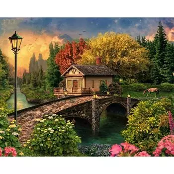 Полный круглый дрель DIY 5D Алмазная картина Дом Мост Алмазная вышивка Крестом 20X30CM