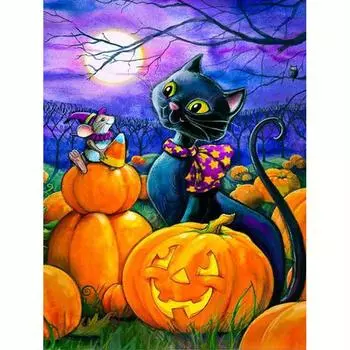 Полный круглый Хэллоуин алмазная живопись Луна тыква вышивка кошка мозаика животное ремесло домашний декор 30x40 см/12x16 дюймов 30x40cm NO Frame