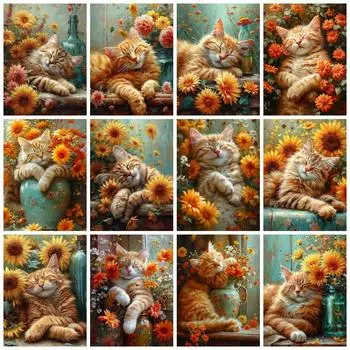 Полный квадрат/круглый 5D алмазная картина кошка подсолнух домашний декор вышивка мозаика животное настенное искусство Full Round 20x30CM