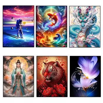 Полный квадрат/круглый алмаз, нарисованный животным, тигром и драконом, 5D алмазная вышивка, пейзаж, цветок, украшение для дома, ручная работа Full Round 20x30CM