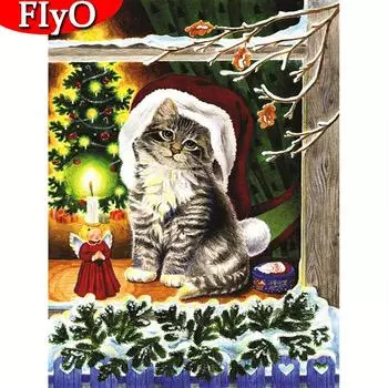 Полный квадратный алмаз живопись кошка вышивка крестиком Новое поступление Алмазная мозаикаРождественский комплект со стразами в виде животных подарок ручной работы Full Round (20X30CM)