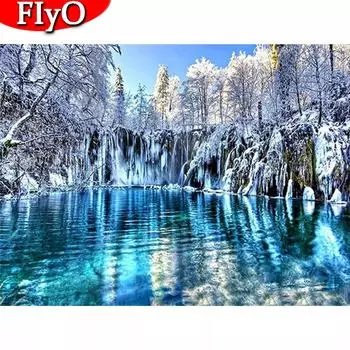 Полный квадратный алмазная вышивка снежная сцена искусство горный хрусталь 3D алмазная живопись пейзаж мозаика озеро ремесло комплект домашний декор Full Round (20X30CM)