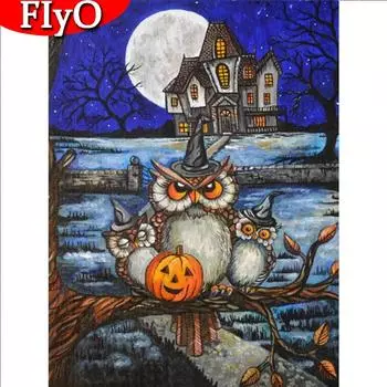 Полный квадратный круглый алмаз картина Хэллоуин Алмазная вышивка Сова животных мозаика украшения дома стены искусства Full Round (20X30CM)