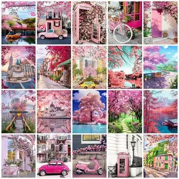 Полный квадратный круглый комплект для алмазной живописи Цветущая вишня Дерево Сделай Сам Вышивка Мозаика Здание Пейзаж Домашний Декор Full Round 20x30CM