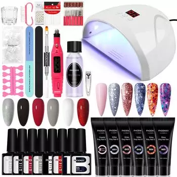 Полный маникюрный набор PHOENIXY, 20 шт., лак для ногтей, гель для замачивания, 6 цветов, набор полигелей для ногтей, УФ-светодиодная лампа 36 Вт, фреза для ногтей и набор инструментов для дизайна ногтей