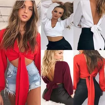 Полный рукав V-образным вырезом с открытой спиной и бантом, короткая шифоновая блузка, сексуальные женские клубные рубашки для вечеринок S белый