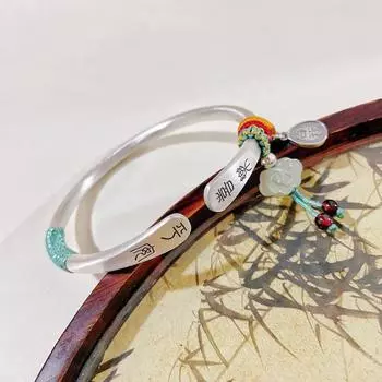 Полный Серебро 9999 Хотан Нефритовый Плетеный Браслет Мир Радости Чистое Серебро Открытый Браслет Китай-шикарные Ювелирные Изделия Подарок на День Святого Валентина Adjustable size