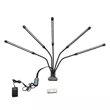 Полный спектр освещения для выращивания растений, 5 головок, светодиодная лампа с регулируемой яркостью, зажимом для растений, адаптером и пультом дистанционного управления