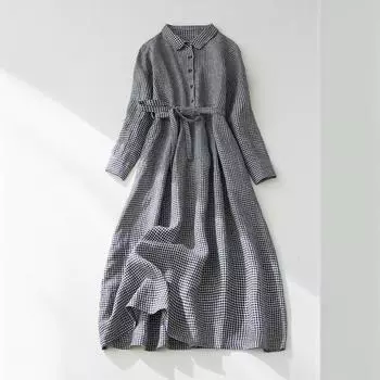 POLO collar 2025 весна и осень новое женское платье из хлопка и льна свободное повседневное платье в клетку со шнуровкой M