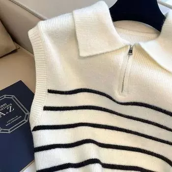 Polo collar lapel zipper striped knitted vest sweater women s inner and outer wear temperament vest women s one size fits all белый