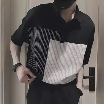 Поло для мальчиков в корейском стиле с подобранными по цвету рукавами и застежкой-пятью — модный тренд лета 2024 года XL чёрный