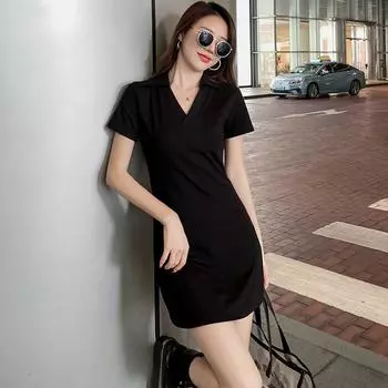 Polo European and American Style Short Slimming T-shirt Dress Black S