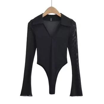 Polo Fashion Spring and Summer Long Sleeves T-shirt Transparent Mesh Black M